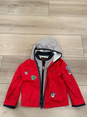 Catimini Toddler Boys Adorable Jacket Sz 3 Coat Red Multi Zip W/Hood